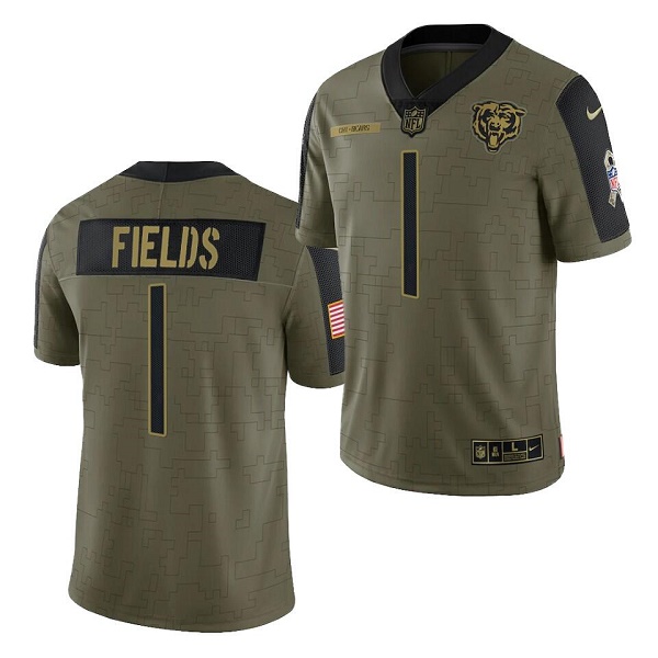 Men's Olive Chicago Bears #1 Justin Fields 2021 Salute To Service Limited Stitched Jersey